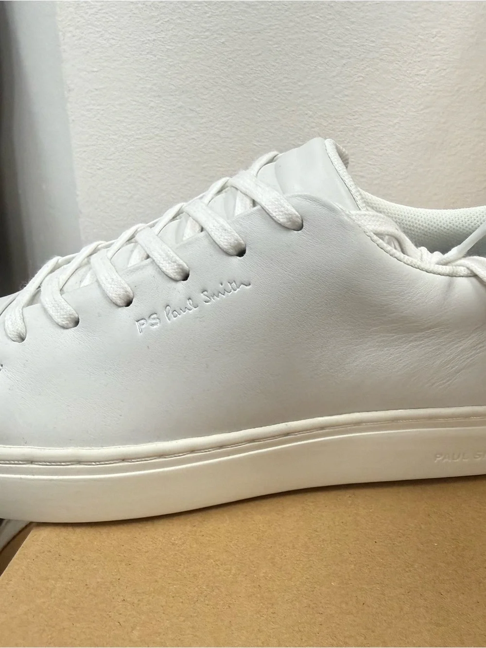 Paul Smith White Leather Sneaker with Multicolor Stripe Heel
